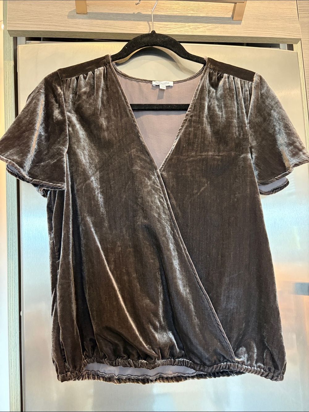 Splendid Velvet Wrap-Front Short Sleeve Top - Brownish Gray